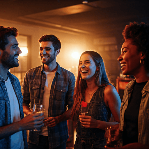 Vibrant indoor party with group of friends laughing, colorful ambient lighting, blurred background