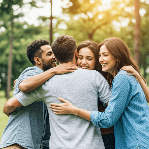 Group of close friends hugging and smiling outdoors in a park, soft natural daylight