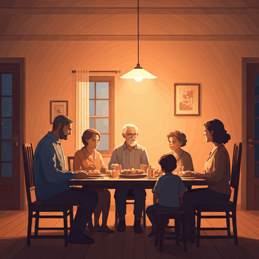 Multi-generational family gathered around a dinner table at home, warm interior lighting, cozy atmosphere