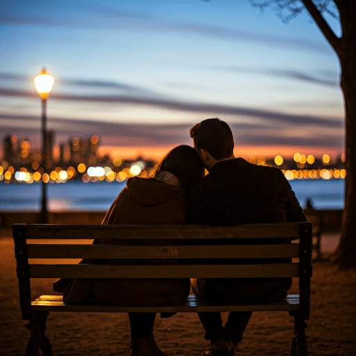 A couple sitting close on a park bench at twilight, soft city lights in the background