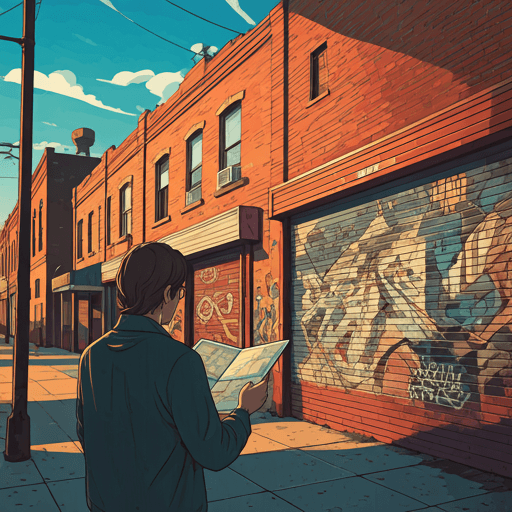 Person looking at a city map in a vibrant urban neighborhood, street art and sunny sidewalks