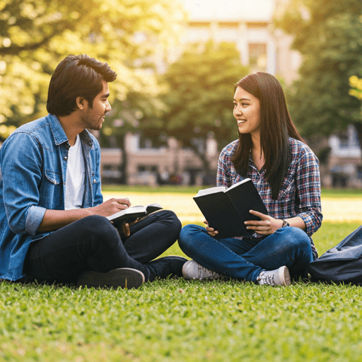 Students sitting on university campus lawn with books, chatting in soft afternoon sunlight