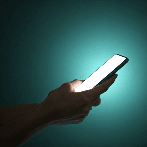 Close-up of a person holding a smartphone, bright screen glowing in a moody blue and teal room