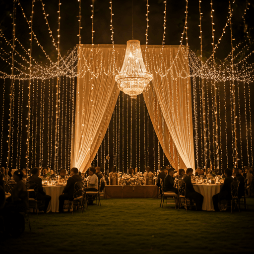 Elegantly decorated wedding reception venue with warm fairy lights and guests in formal wear