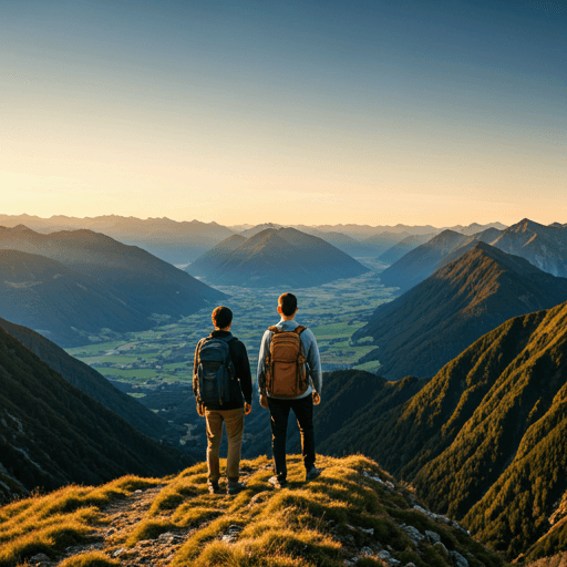 Two travelers standing on a mountain peak looking at a vast valley at dawn, adventurous mood