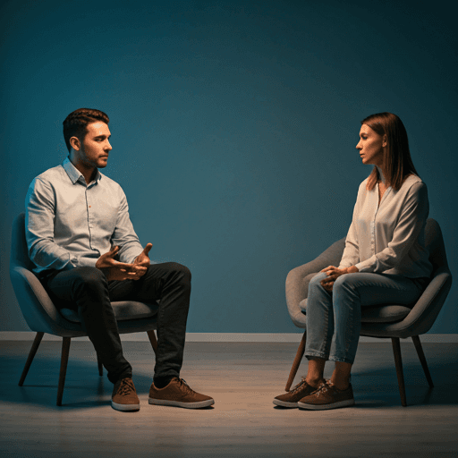 Two people sitting in a minimalist living room having a serious but supportive talk, soft blue lighting