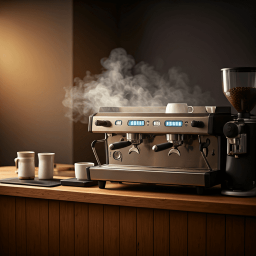 Interior of a cozy artisanal coffee shop with warm wood textures and steam from espresso machine