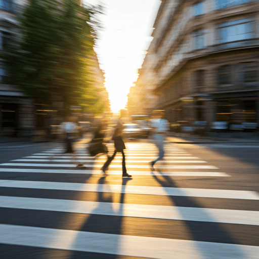 Street scene with people crossing a sun-drenched crosswalk in a European city, motion blur